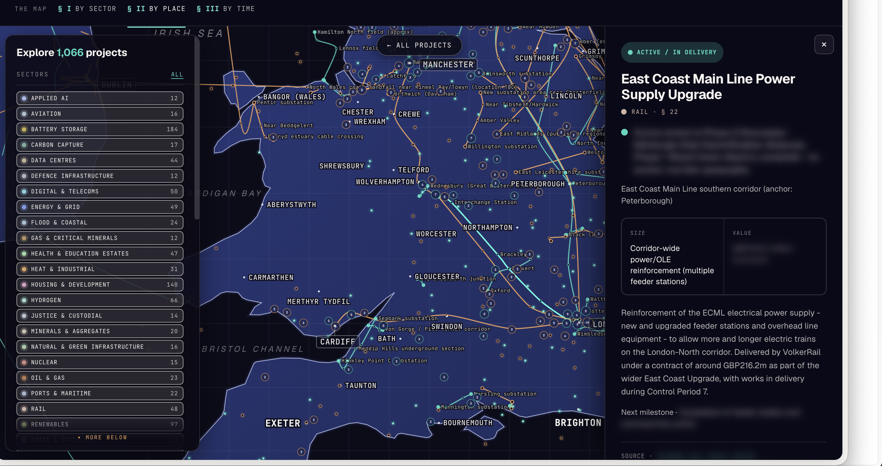 The Explorer at zoom — corridors routed as lines, substation and city labels, individual project pins in status colours, with a project record open