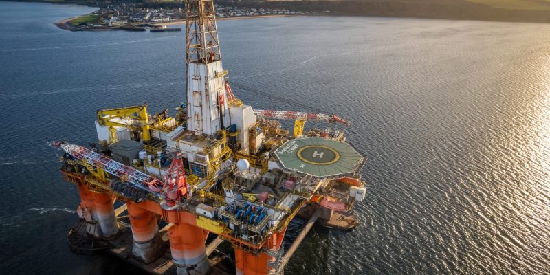 Semi-submersible drilling rig in Cromarty Firth, Scotland — a reference image for the UK offshore well-work behind Rough's recommissioning. Rough itself sits offshore in the southern North Sea.