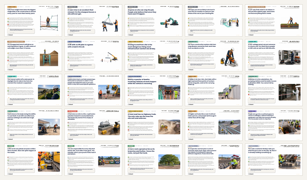 Twenty-five safety moment sheets shown as a five by five grid